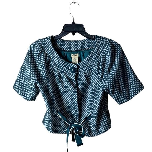 Elevenses Wool Cropped Front Tie Top Women Size 4 3/4 Sleeves Tweed Green White - Picture 5 of 10